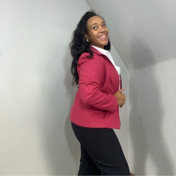 Vintage Pink Wool Cropped Short Jacket Zip Blazer Career Business Preppy Fitted - Picture 4 of 12